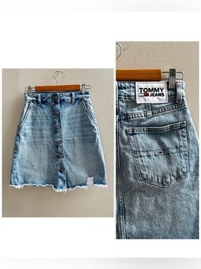 Tommy Hilfiger Jean Button Up Distressed Denim Skirt Vintage 24”